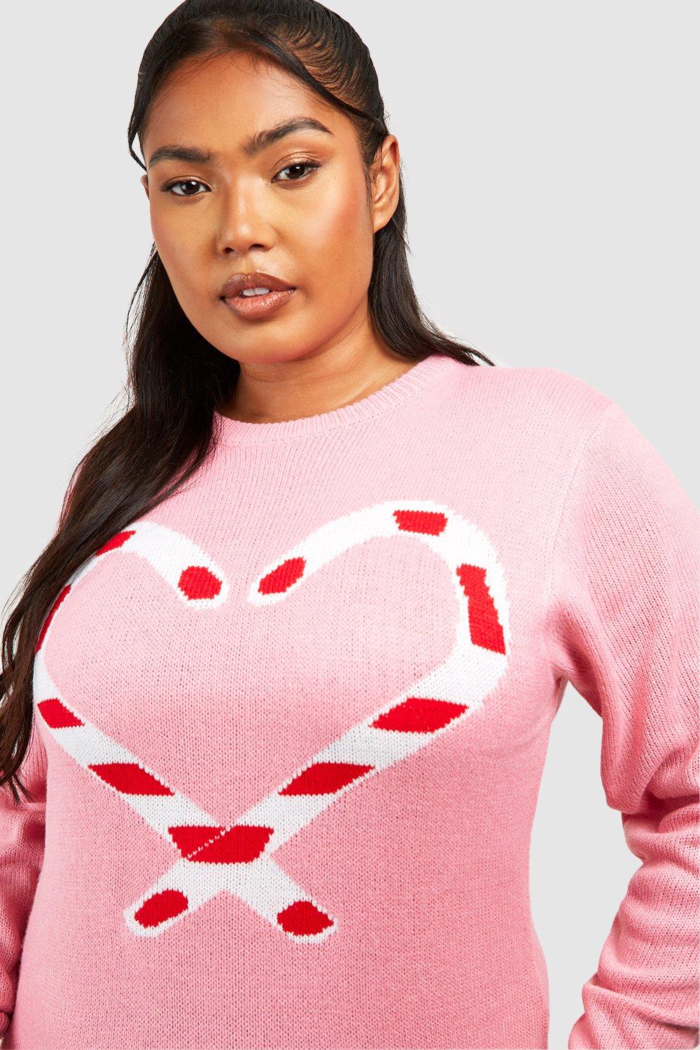 Boohoo Women s Plus Candy Cane Heart Christmas Jumper Dress Pink